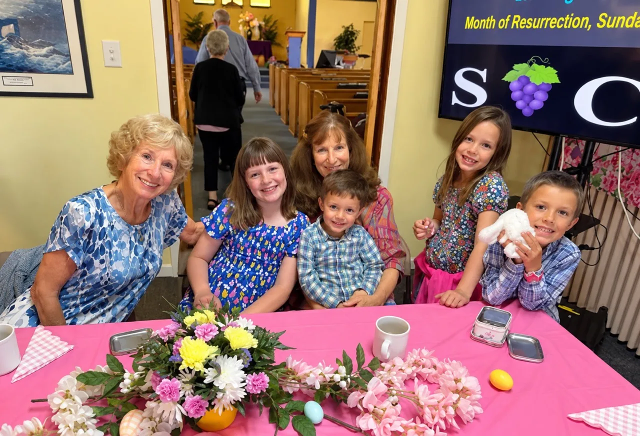 Adults and children smiling together at an Easter gathering