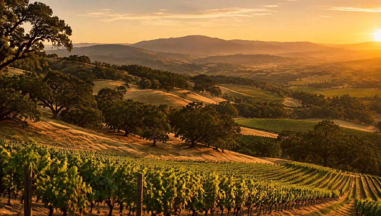 Illustrative golden-light landscape of Sonoma Valley vineyards