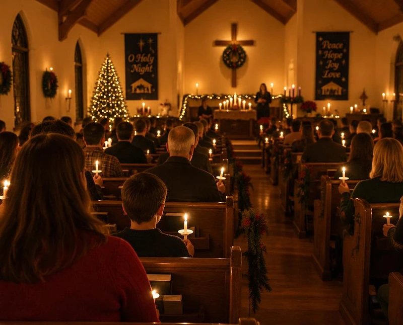 Candlelight Christmas Eve service with glowing candles in the pews