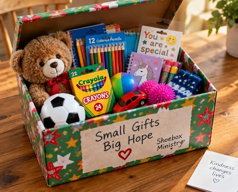A gift-filled Christmas shoebox packed with toys for a child